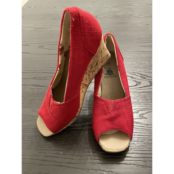 Aloha Island Red Canvas Peel Toe Espadrille Wedge Women's Sandal Size 7.5 - Picture 3 of 8